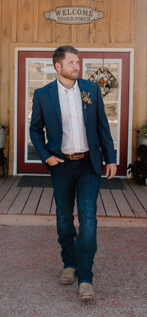 Navy Sports Coat Outfit Men Wedding, Blue Suit With Jeans Men, Blue Sports Coat Outfit Men With Jeans, Jeans And Sports Coat Mens, Mens Casual Wedding Attire Guest Jeans, Men Jean Wedding Attire, Mens Semi Casual Wedding Attire, Casual Groom Attire Navy, Sportcoat And Jeans Outfits Mens