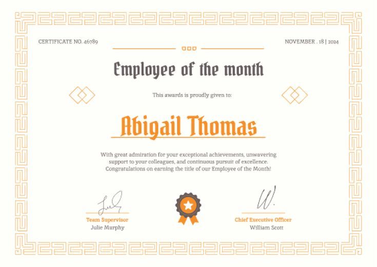 an employee of the month certificate with orange and gold trimmings, on a white background