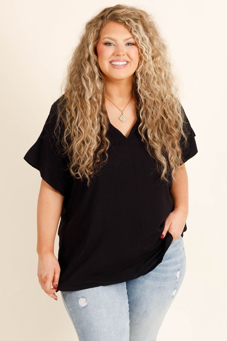 Chic Soul plus size clothing, black short sleeve top with v neckline Edgy Black Tops For Day Out, Trendy Black Tops For Date Night, Trendy Black Top For Date Night, Trendy Solid Color Tops For Date Night, Black Chic Tops With Relaxed Fit, Black Chic Relaxed Fit Tops, Chic Black Relaxed Fit Tops, Sassy Chic, Chic Look