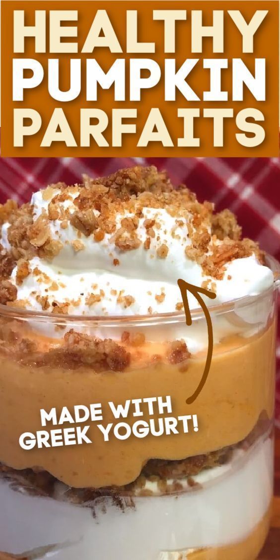 healthy pumpkin parfaits made with greek yogurt and topped with whipped cream