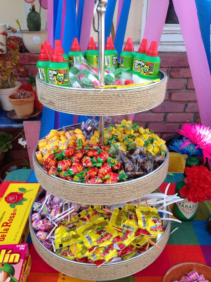 a three tiered tray filled with lots of candy