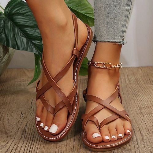 Category:Sandals; Upper Materials:Faux Leather; Season:Summer; Heel Type:Flat Heel; Gender:Women's; Toe Shape:Open Toe; Style:Casual,Minimalism; Heel Height(inch):<1; Outsole Materials:Rubber; Occasion:Beach,Daily; Pattern:Solid Color; Listing Date:06/14/2023; Production mode:Self-produce; 2024 Trends:Boho Beach,Flat Sandals,Plus Size; Foot Length:; Foot Width:; SizeChart1_ID:2:184256; Size chart date source:Provided by Supplier. Womens Strappy Sandals, Flat Sandals For Women, Roman Sandals, Womens Gladiator Sandals, Toe Post Sandals, Roman Fashion, Brown Sandals, Beach Shoes, Brown Shoe