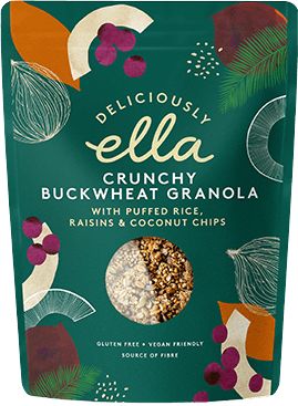 a bag of deliciously ella crunchy buckwheat granola with puffed rice, raisins and coconut chips