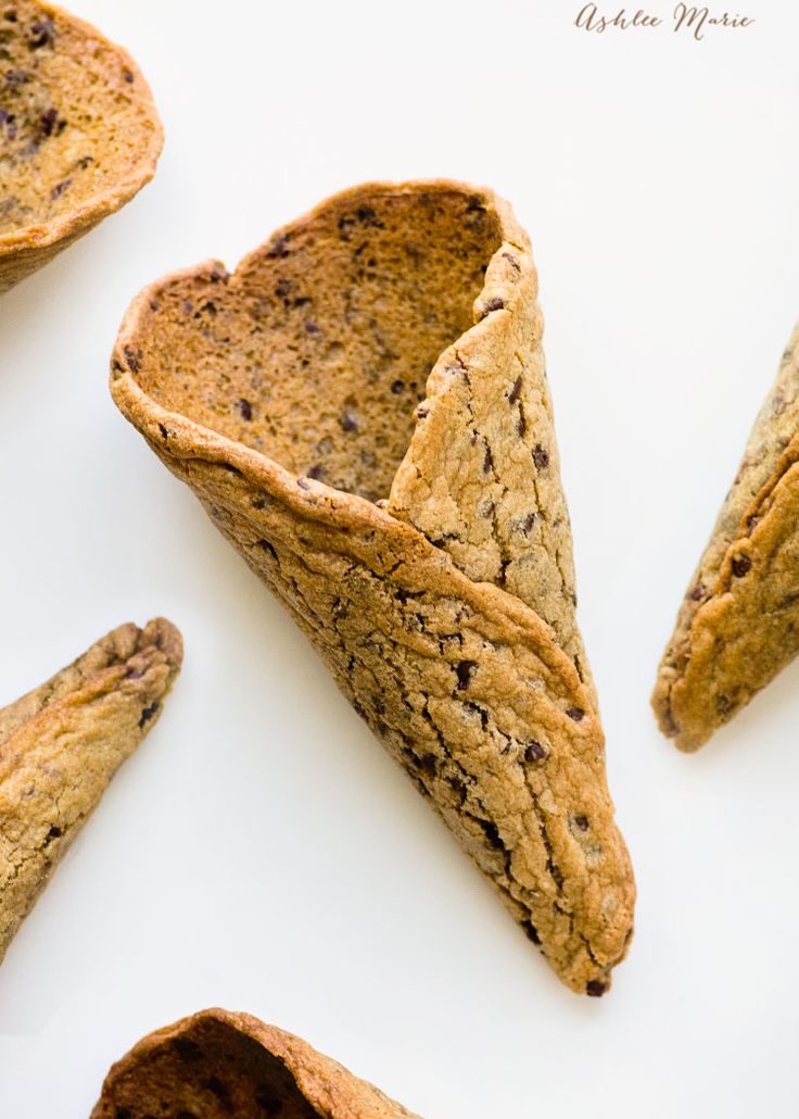 chocolate chip ice cream cones on a white surface