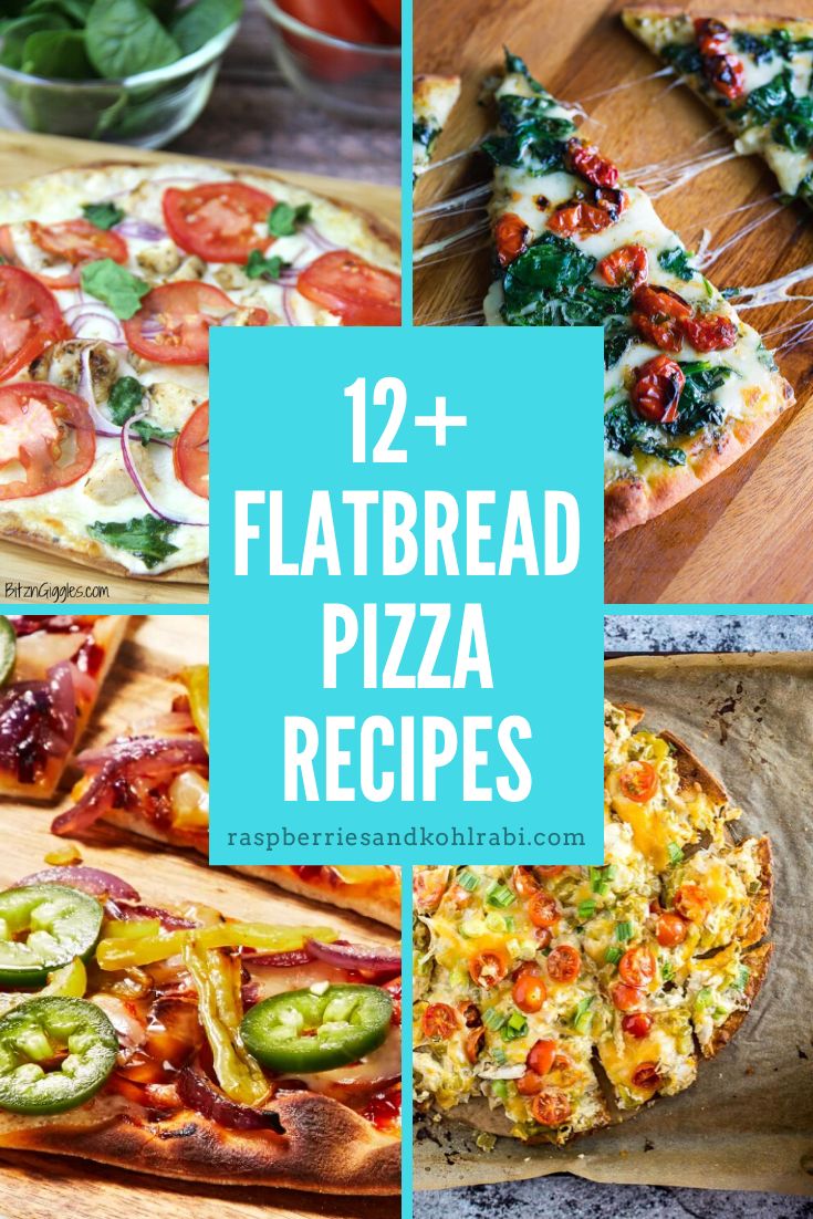 several different types of flatbread pizzas on wooden cutting boards with text overlay that reads, 12 + flatbread pizza recipes