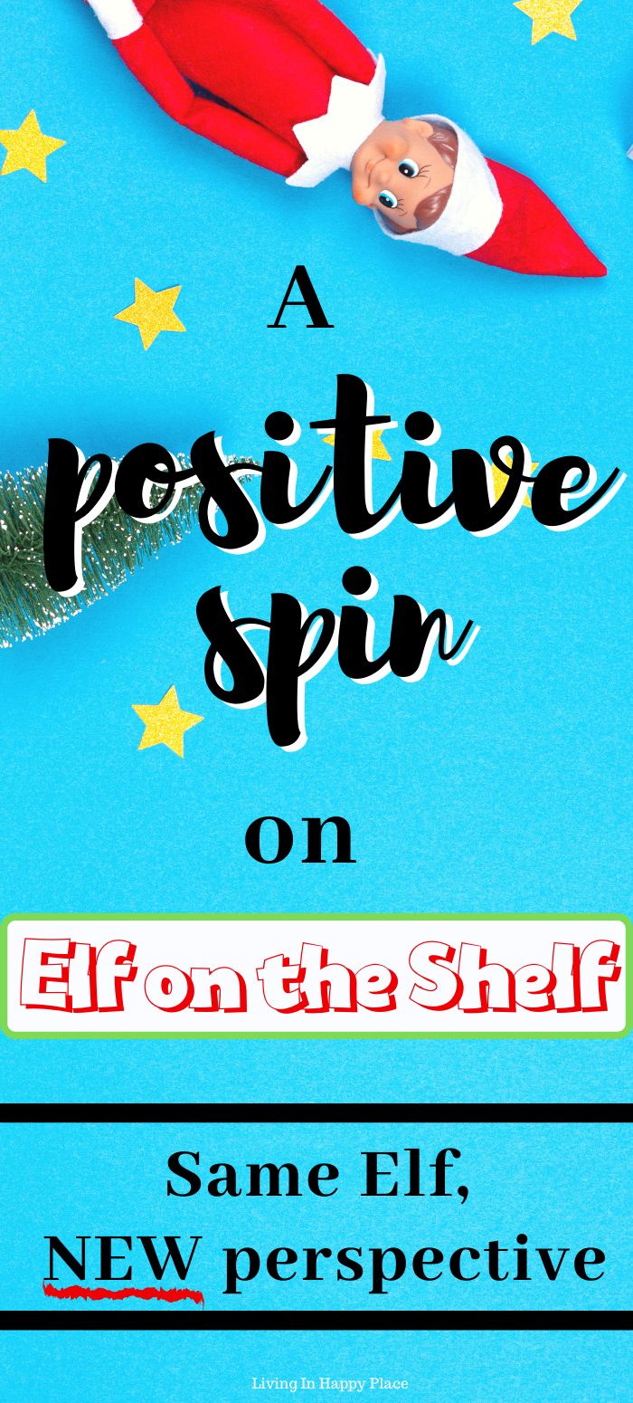 an advertisement for a positive spin on elf in the shelf, with santa's hat and stars