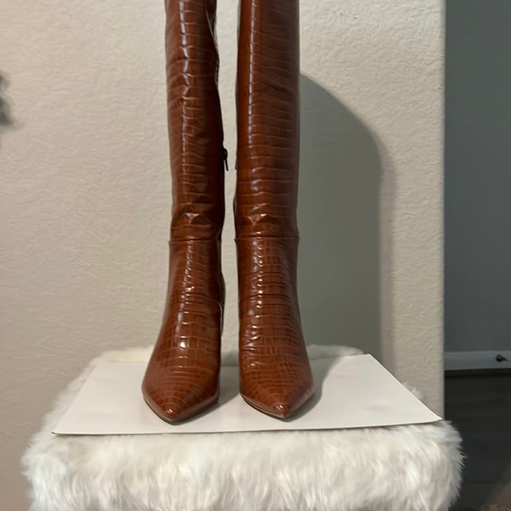 Cognac 4in Tall Knee High Boots, Pointy Toe With Half Zipper, Size 10m, Fabric Lining, Manmade Outsole, Brand New, (Do Not Have Original Box) Tall Brown Boots With Pointed Toe, Cognac Almond Toe Fitted Boots, Fitted Cognac Boots For Fall, Trendy Fitted Brown Heeled Boots, Brown Tall Heeled Boots With Pointed Toe, Brown Synthetic Pointed Toe Boots, Fitted Brown Boots With Reinforced Heel, Brown Synthetic Party Boots, Trendy Brown Knee-high Heels