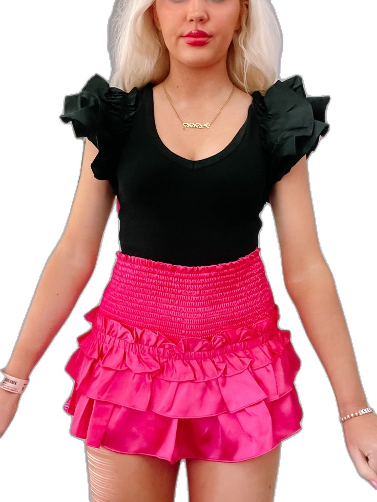 Flirty Stretch Mini Skirt With Ruffles, Chic Pink Tiered Bottoms, Chic Pink Ruched Skirt, Feminine Ruffled Skirt For Night Out, Flirty Tiered Skirt, Chic Ruched Tiered Skirt, Feminine Ruffle Skirt For Night Out, Chic High Waist Mini Skirt With Ruffles, Trendy Ruffled Party Skirt