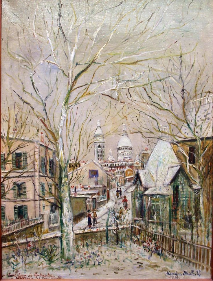 a painting of a snowy city street with trees and buildings in the foreground, snow on the ground