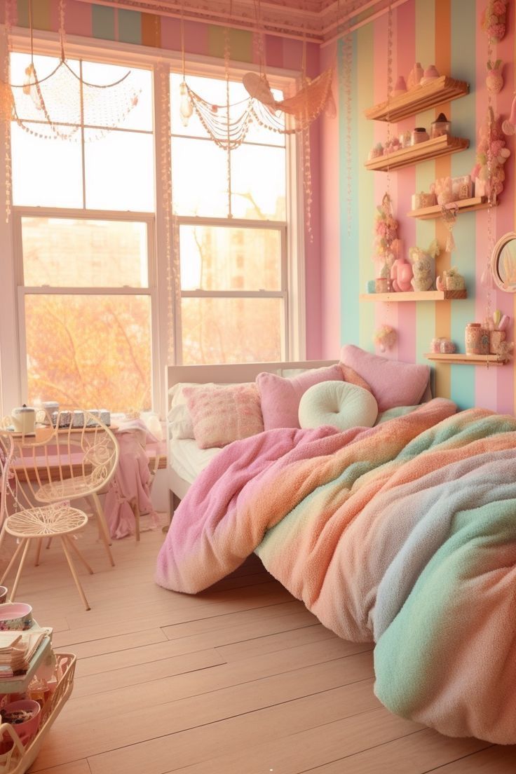 a bedroom decorated in pastel colors and striped walls