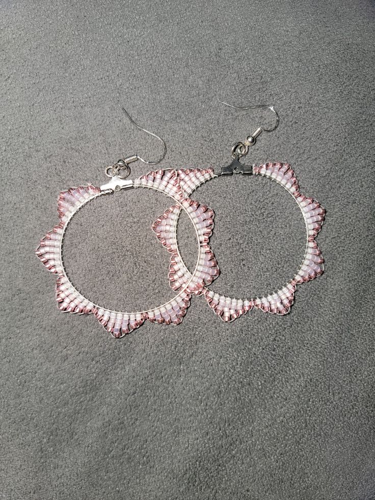 Pink and white hoop beaded earings diameter 2 in. Hypoallergenic stirling silver hooks Beaded Hoop Earrings, Beaded Hoops, Stirling, Hand Beading, Pink And White, Bead Work, Magnolia, Jewelry Earrings Dangle, Etsy Earrings