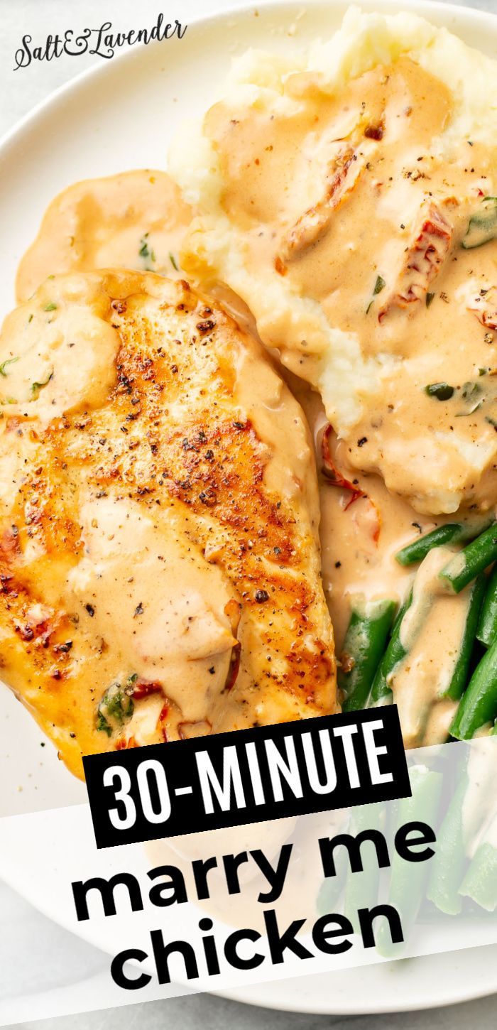 a plate with chicken, mashed potatoes, green beans, and text overlay that reads 30 minute marry me chicken Easy Marry Me Chicken, White Beans Recipe, Dinner Recipes Quick, Chicken Recipes For Two, Marry Me Chicken Recipe, Quick Chicken Dinner, White Bean Recipes, Easy Cheap Dinners, Marry Me Chicken