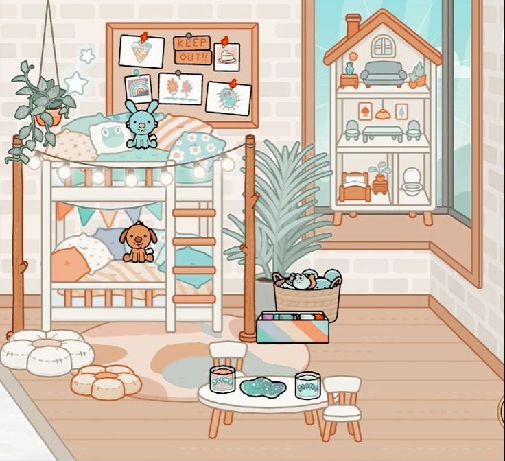 the room is decorated in pastel colors and has a teddy bear on the bunk bed