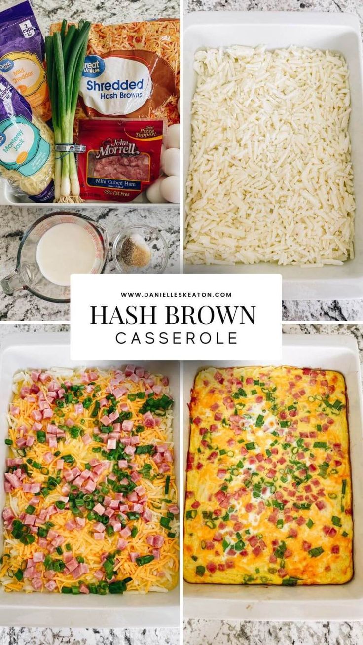 four different casserole dishes with hash browns in them and the title overlay reads hash browns casserole