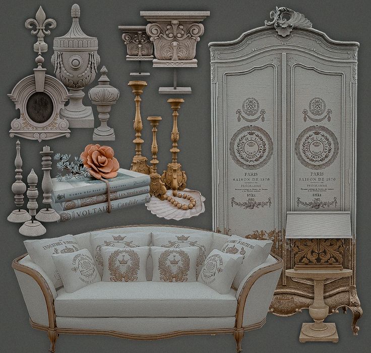 a collage of furniture and decor including a couch, armoires, mirror, table