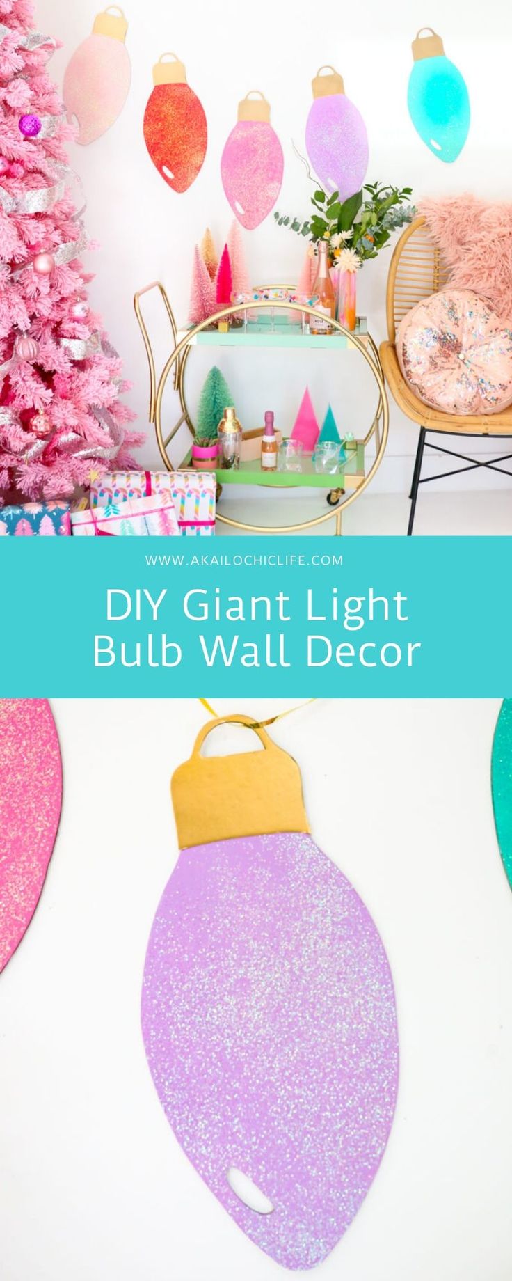 diy giant light bulb wall decor with glitter paper ornaments and pink christmas tree in the background