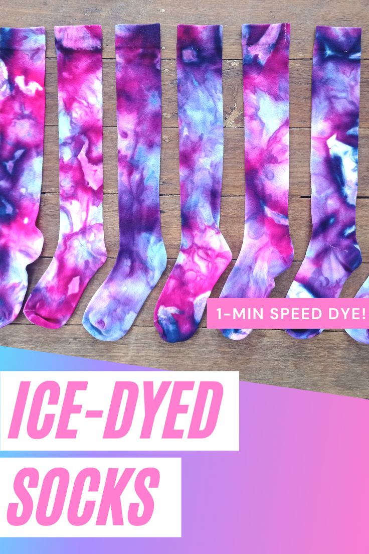 five pairs of ice - dyed socks on a wooden table with text overlay that reads, 1 - min speed dye