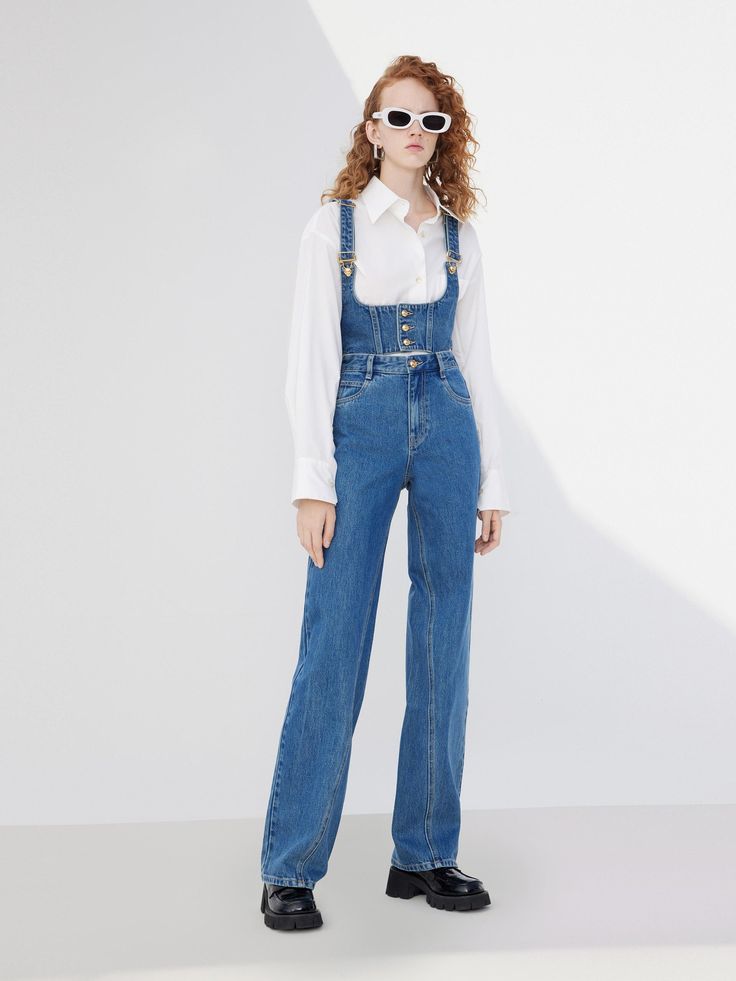 MO&Co. Women's Detachable Two Piece Denim Jumpsuit Be the trend-setter of your own style with this Detachable Two Piece Jumpsuit! Crafted from quality cotton, with slanted seams and a five-pocket design, it offers a versatile, timeless look. The high-rise straight leg denim bottoms provide figure-flattering comfort, while the corset top adds a unique touch. Features : - Slanted seam details- Five-pocket design- Adjustable shoulder straps- Two-piece featured a straight leg fit jeans and a corset Denim Bottoms, Two Piece Jumpsuit, Straight Leg Denim, Denim Jumpsuit, Black Jumpsuit, Corset Top, Pocket Design, Trend Setter, Fit Jeans