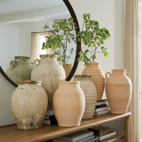 several vases on a shelf with a mirror in the background and a tree growing out of one