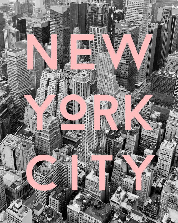 a black and white photo with the words new york city in pink