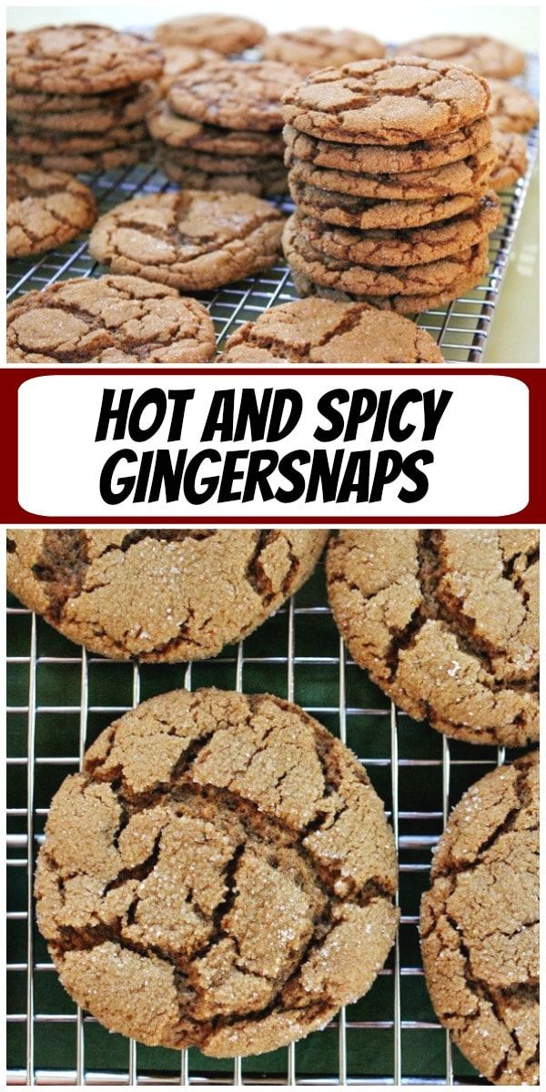 hot and spicy gingersnaps cookies on a cooling rack with text overlay