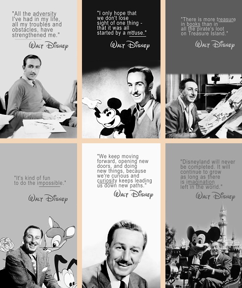 four different disney characters are featured in this black and white photo with orange border around them