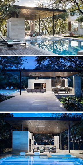 this modern house has a swimming pool and an outdoor living area that is surrounded by trees