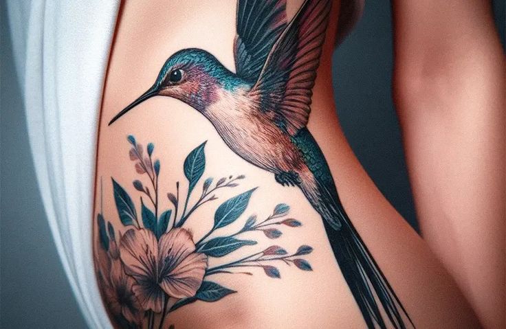 a woman's stomach with a hummingbird and flowers on it