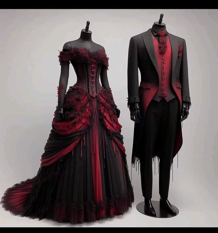 Vampire Aesthetic Wedding Dress, Vampire Wedding Tuxedo, Vampire Inspired Wedding Dress, Gothic Red And Black Wedding Dress, Red And Black Mermaid Wedding Dress, Halloween Wedding Tuxedo, Black White And Red Wedding Dress, Gothic Red Wedding Dress, Vampire Wedding Suit