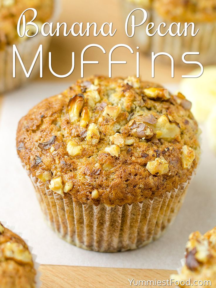 banana pecan muffins on a cutting board with the words, bananas pecan muffins