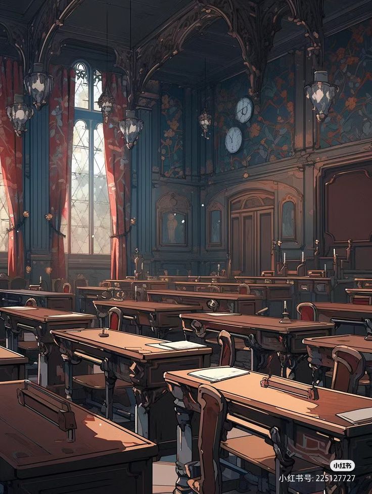 an empty classroom with desks and clocks