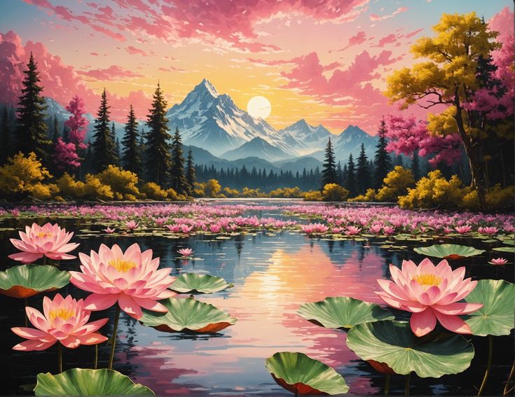 a painting of water lilies in front of a mountain lake with trees and flowers