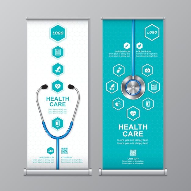 two medical banners with stethoscopes on the front and back, one for health care