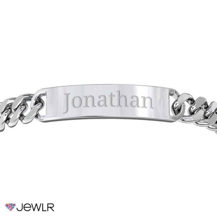 Identify yourself, remember a loved one, or display a special date with this classic engravable ID bracelet. Handcrafted in stainless steel, this 8.5" men's bracelet features a curb-link chain secured with a lobster clasp for just the right fit. Classic Stainless Steel Chain Bracelet, Classic Personalized Stainless Steel Chain Bracelet, Personalized Stainless Steel Nameplate Bracelet, Classic Personalized Rectangular Bracelets, Classic Personalized Rectangular Bracelet, Custom Name Stainless Steel Nameplate Bracelet, Everyday Stainless Steel Nameplate Jewelry, Classic Engraved White Gold Chain Bracelet, Silver Stainless Steel Bracelet With Engraved Text