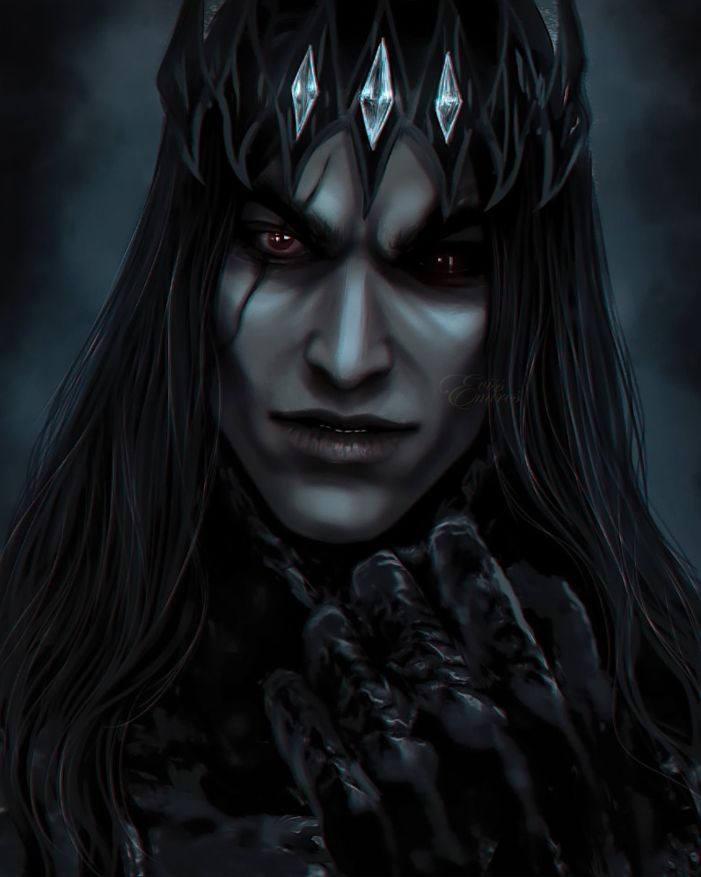 a close up of a person with long hair and red eyes wearing black makeup, holding hands in front of his face