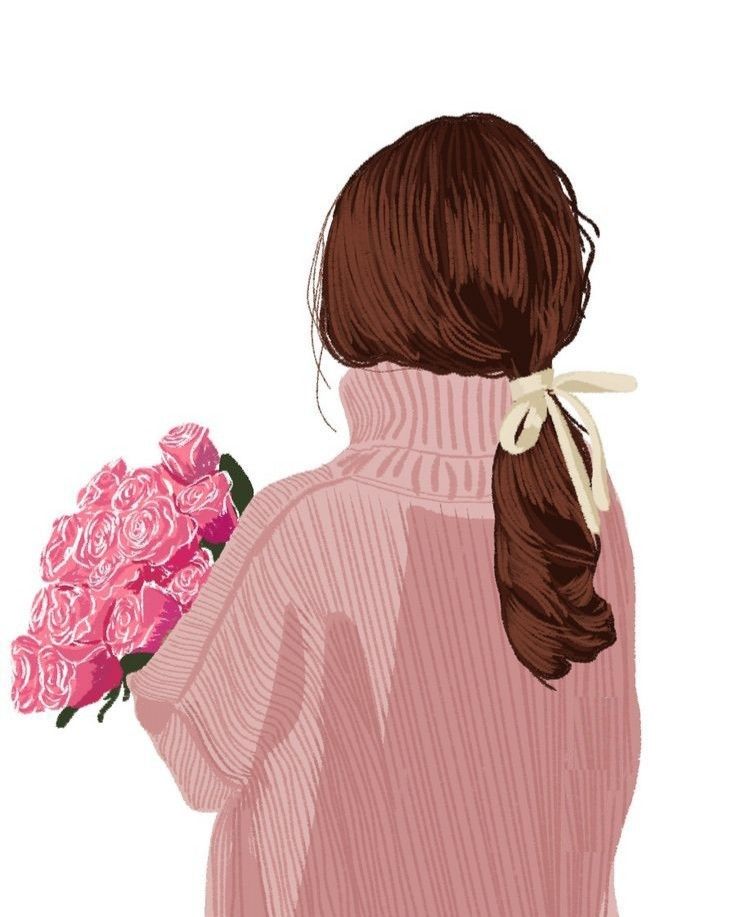 a drawing of a girl with flowers in her hair, holding a bouquet of pink roses