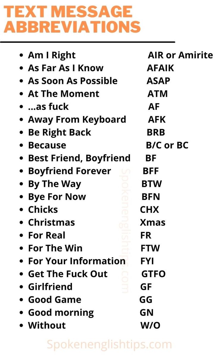 the text message abbreviations for different types of texts