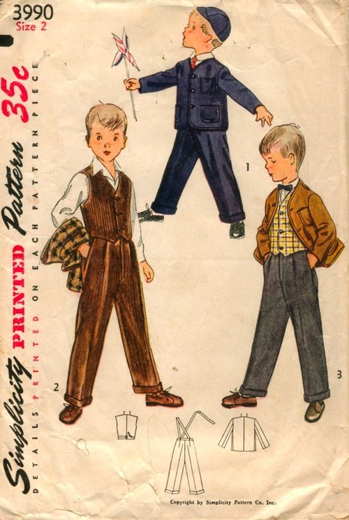 1950s Boys, Cuffed Trousers, Trousers Details, Boys Vest, Classic Cardigan, Simplicity Sewing, Couture Vintage, Simplicity Sewing Patterns