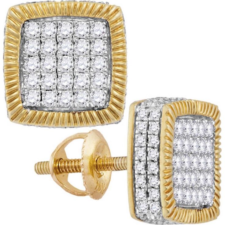 GND 10K Yellow Gold Square Fluted Cluster Earrings with Pave-Set Round Diamonds - 7/8 Total Carat Weight Frame Earrings, Mens Diamond Earrings, Rope Frame, Men Earrings, Square Earrings, Cluster Earrings, Screw Back Earrings, Fine Jewellery Earrings, Delicate Necklace