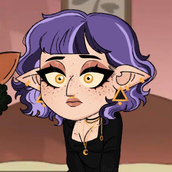 a cartoon girl with purple hair and gold earrings holding a potted plant in front of her face