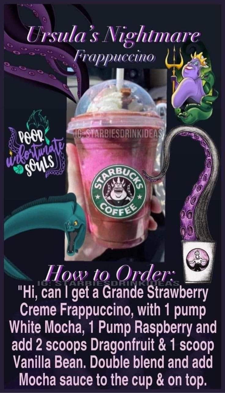 an advertisement for starbucks's nightmare frappuccino drink with purple swirls and