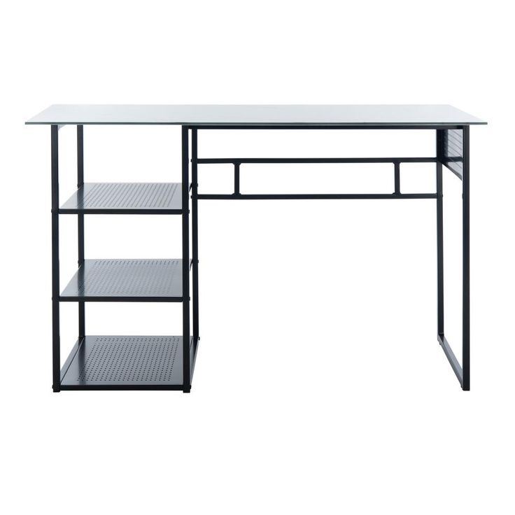 a glass desk with shelves on the bottom and one shelf below it, against a white background