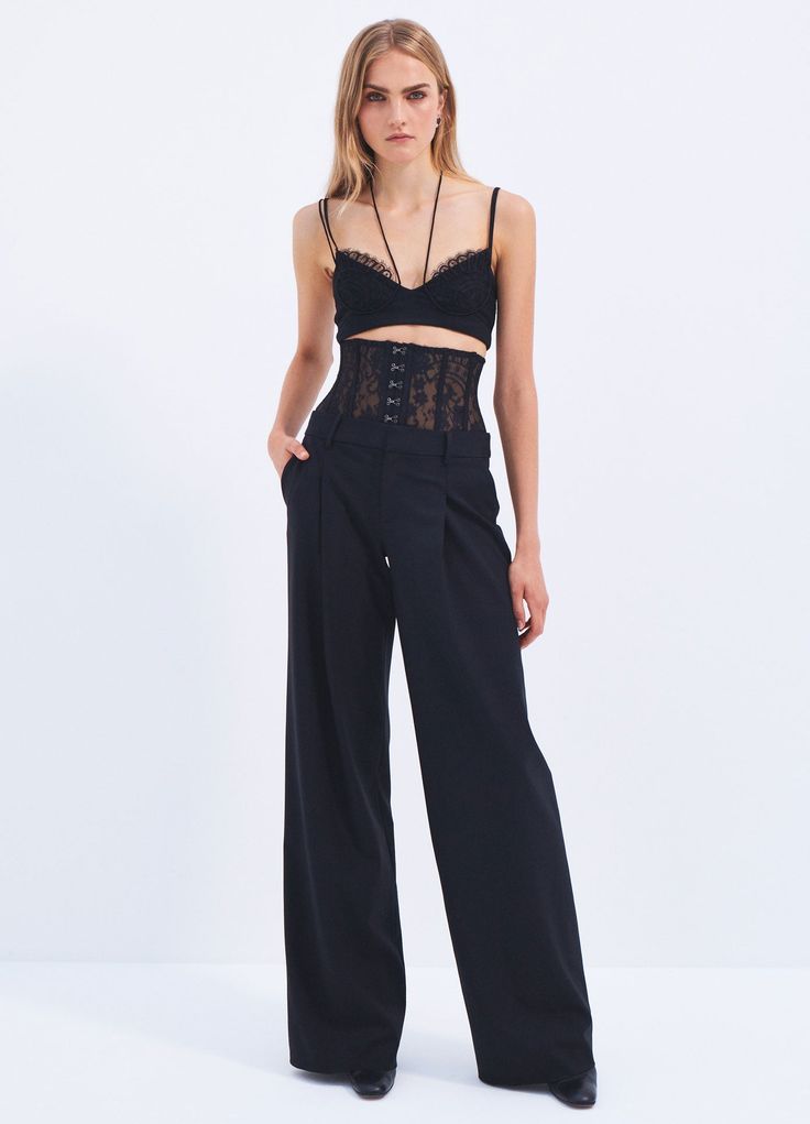 Black Lace Bustier Outfit, Lace Top Cargo Pants, Luxury Black Lace Bottoms, Luxury Bustier With Contrast Lace, Luxury Fitted Bustier Crop Top, Lace Pants, Lace Bustier, Lace Hem, Romantic Lace