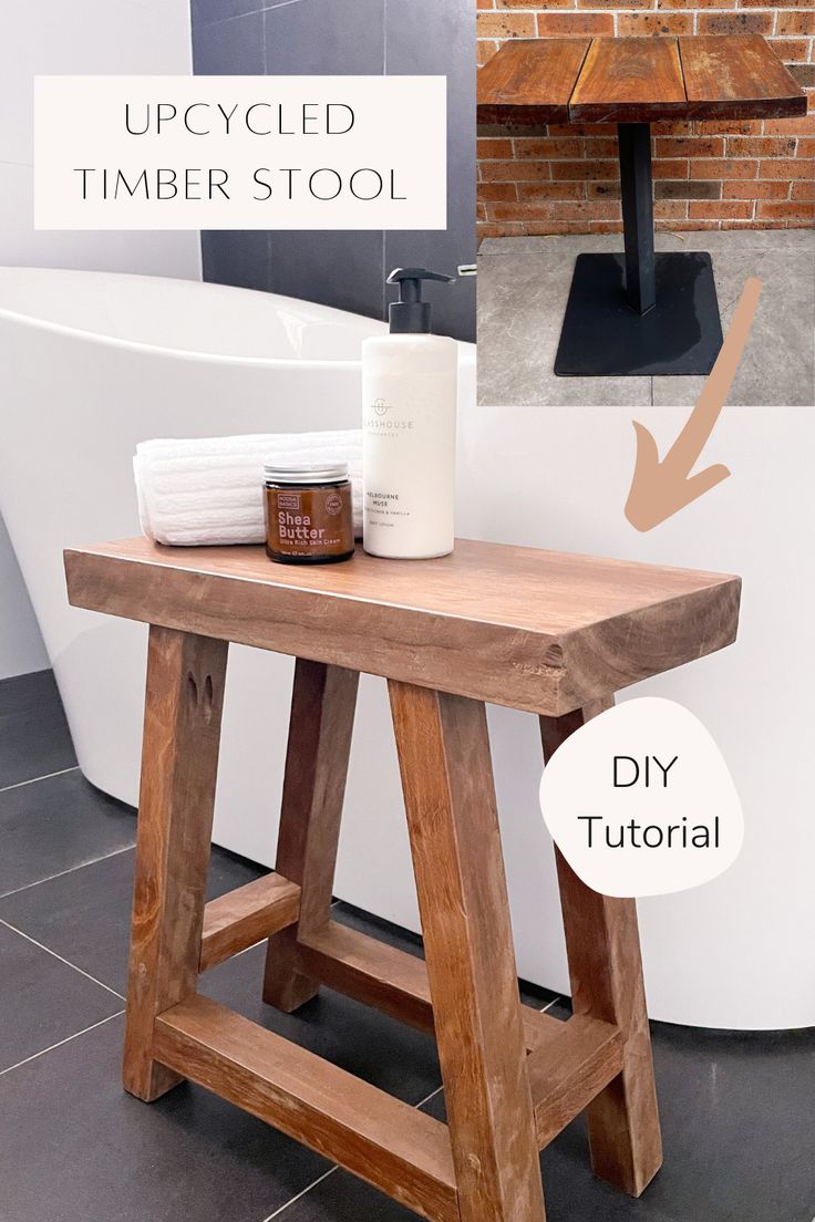 an upcycled timber stool is shown with instructions to make it stand out from the rest of the room