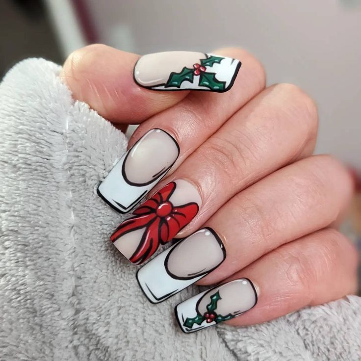 Nail Art For September, Disney Frozen Nail Designs, Matte Black Christmas Nails, Funky Christmas Nails Acrylic, Different Nail Art Designs, Christmas Gel Nail Art, Pop Art Christmas Nails, Christmas Pop Art Nails, Winter Gel X Nails