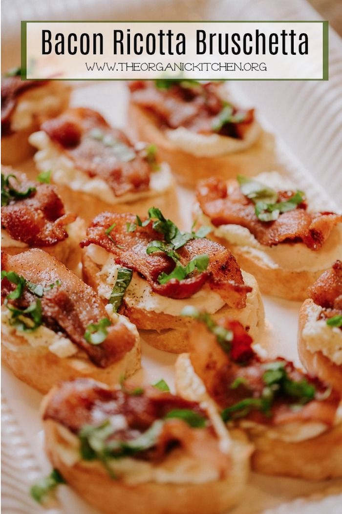 bacon ricotta bruschetta on a white plate