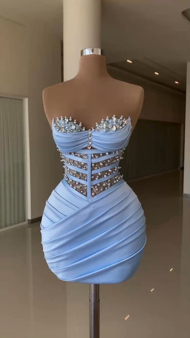 Item Details ： Product Number : C2575 Fabric: Satin Silhouette: Sheath Sleeves：Sleeveless Back Style：Zipper 18th Birthday Outfit, Dress With Beads, Homecoming Dress Short, Mini Party Dress, Prom Girl Dresses, Dinner Dress Classy, Classy Prom Dresses, Stunning Prom Dresses, Blue Homecoming Dresses