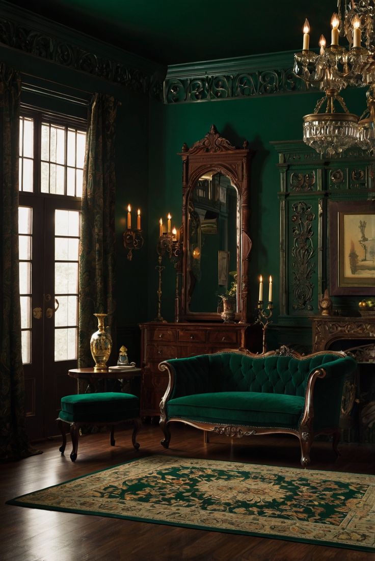 a living room filled with furniture and a chandelier