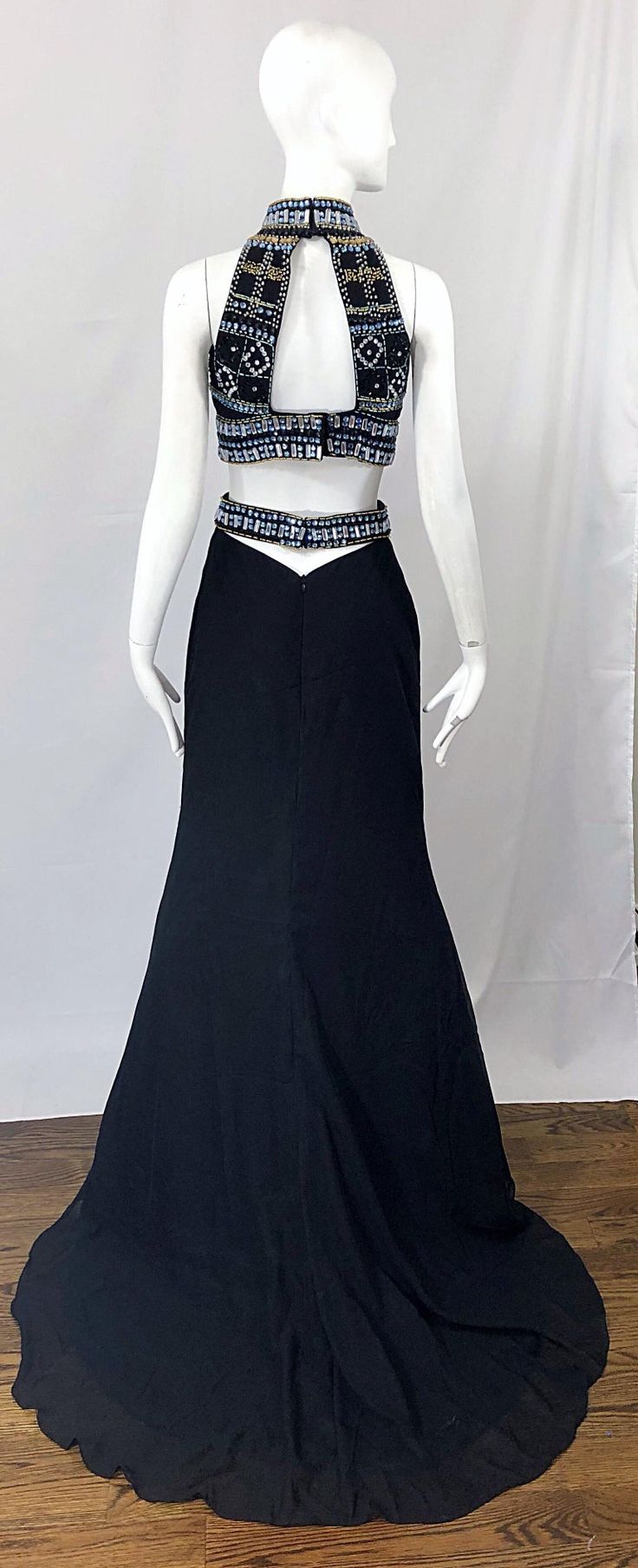 Women's Sexy 1990s Black Chiffon Beaded Vintage 90s Crop Top + Trained Maxi Skirt For Sale Fancy Clothing, 90s Crop Top, 1950s Skirt, Beaded Crop Top, Blue Halter Dress, Ball Skirt, Strapless Bustier, High Waisted Maxi Skirt, Beaded Chiffon