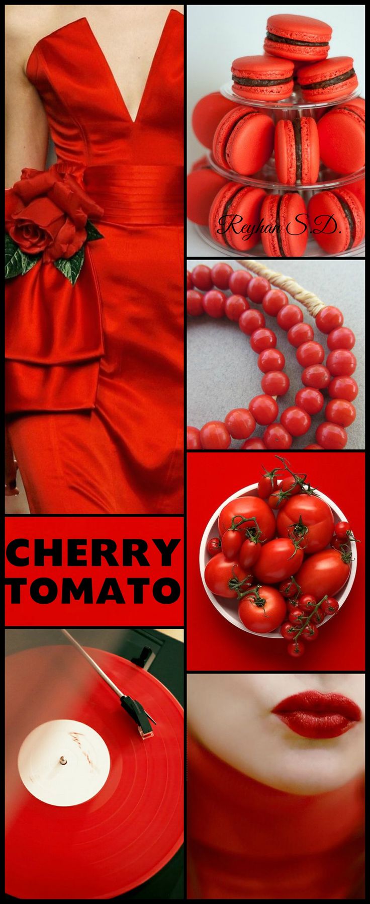 a collage of photos with red and white items in them, including tomatoes on the table